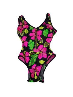 Vintage LA Blanca one piece swimsuit Hi cut zip floral tropical retro